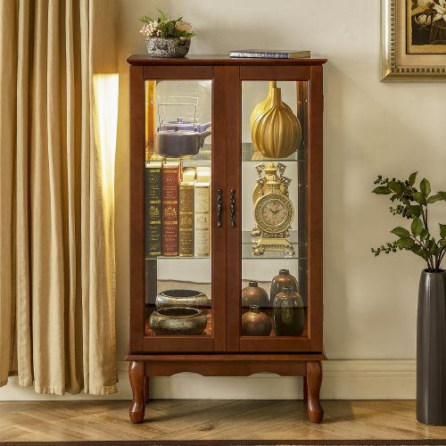 Curio Cabinet Lighted Curio Diapaly Cabinet with Adjustable Shelves and Mirrored Back Panel, Tempered Glass Doors (Walnut, 3 Tier)