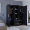 Bariloche Wardrobe, Multi-Section Storage with Hanging Rods, Shelves, and 2 Drawers Black