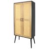 59'' Tall Rustic Farmhouse Storage Cabinet with Shelf Wide Countertop Wooden Bedroom Living Room Kitchen Furniture with Rattan Design Nature Color