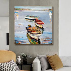 Hand Painted Oil Painting Canoe oil Paintings Nordic Seascape-Hand-Painted- Colorful Boats Oil Painting-Wall Art Handmade- For Home Decoration (style: 01, size: 120x120cm)