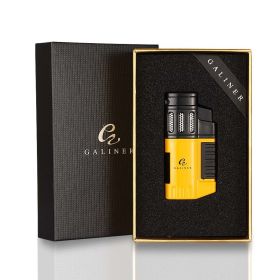 Galiner Cigar Torch Lighter Windproof Plastic Lighting Cigar Tool 4 Jet Flame Butane Gas Cigar Lighter W/ Punch Cutter (Color: Yellow)