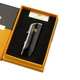 Metal Windproof Mini Pocket Cigar Lighter 3 Jet Blue Flame Torch Cigarette Lighters With Cigar Punch Gift Box (Color: Black With Box)