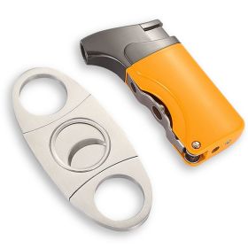Mini Pocket Cigar Cutter Stainless Steel Guillotine Cigar Scissors Smoking Tool Gas Torch Cigar Lighter Cutter (Color: Gold)