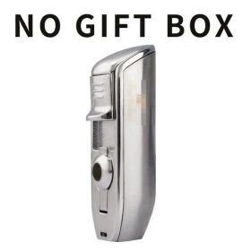 Lighter Metal 3 Jet Butane Gas Torch Smoking Lighter W/ Cigar Punch Stripe Sharp Cigar Lighter (Color: Sliver No Box)