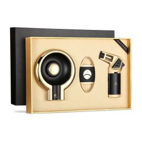GALINER Luxury Cigar Set Accessories Metal Ashtray Cigar Lighter Butane Gas 2 Fire Lighters W/ Cutter Punch Leather Cigar Case (Color: Beige)