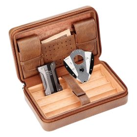 GALINER Cigar Humidor Box Travel Leather Cigar Case Cedar Wood Lined W/wo Lighter Cigar Cutter Humidity Control Pack For Humidor (Color: Brown)