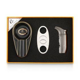 GALINER Luxury Cigar Set Ceramic Ashtray Metal Windproof 2 Torch Cigar Lighter With Cigar Drill Sharp Cutter Guillotine Gift Box (Color: TC-70A-B)