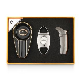 GALINER Luxury Cigar Set Ceramic Ashtray Metal Windproof 2 Torch Cigar Lighter With Cigar Drill Sharp Cutter Guillotine Gift Box (Color: TC-70B-B)