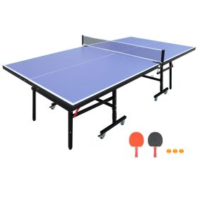 8ft Mid-Size Table Tennis Table Foldable & Portable Ping Pong Table Set for Indoor Games with Net, 2 Table Tennis Paddles and 3 Balls (Color: as Pic)